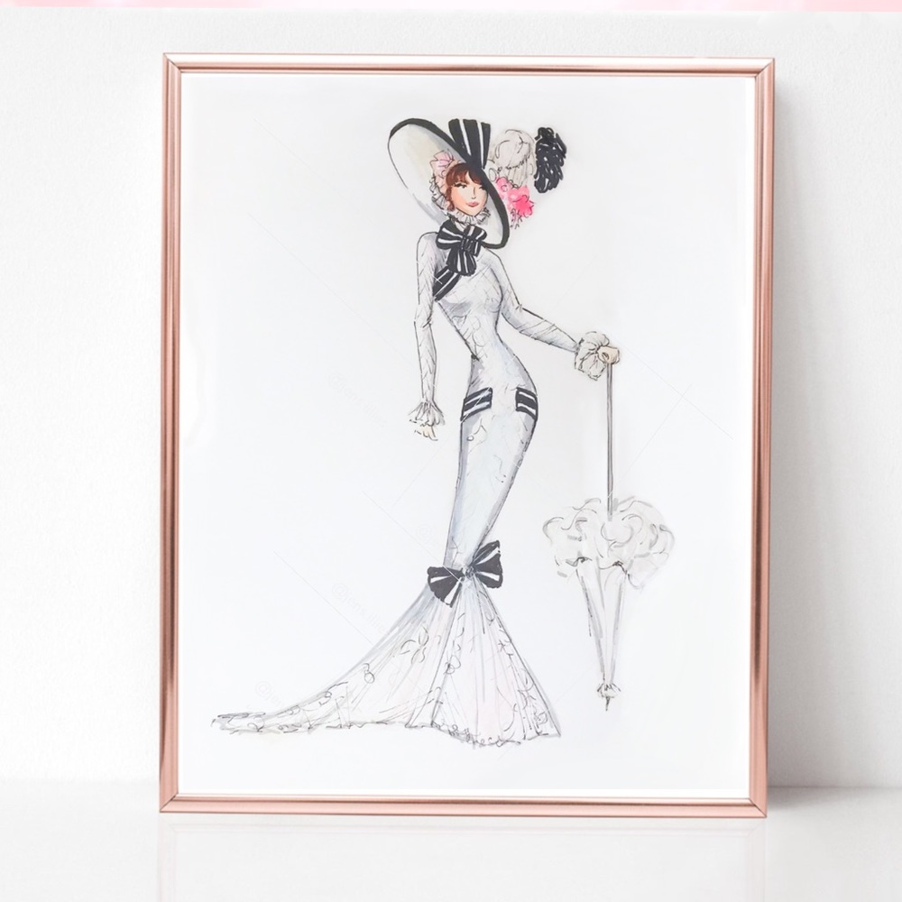 Original Fashion Illustration- Ascot Day - My Fair Lady - Audrey Hepburn, white
